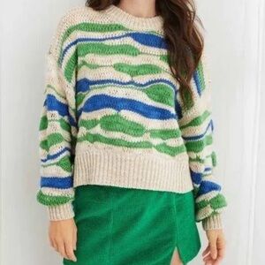 aerie Cream Sweater with Green & Blue Wave Stripes